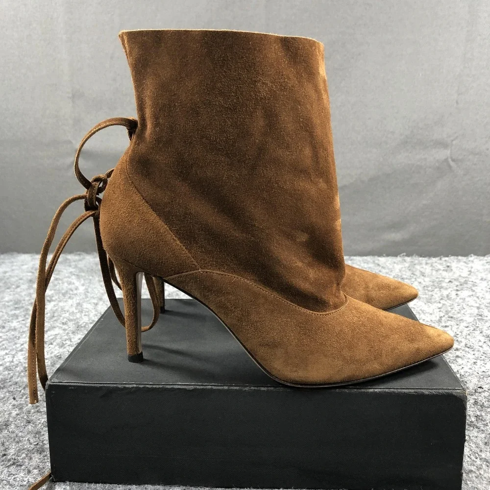 Marion Parke Toscana Boots Womens 7 Brown Suede Lace Up Stiletto Heel Designer
